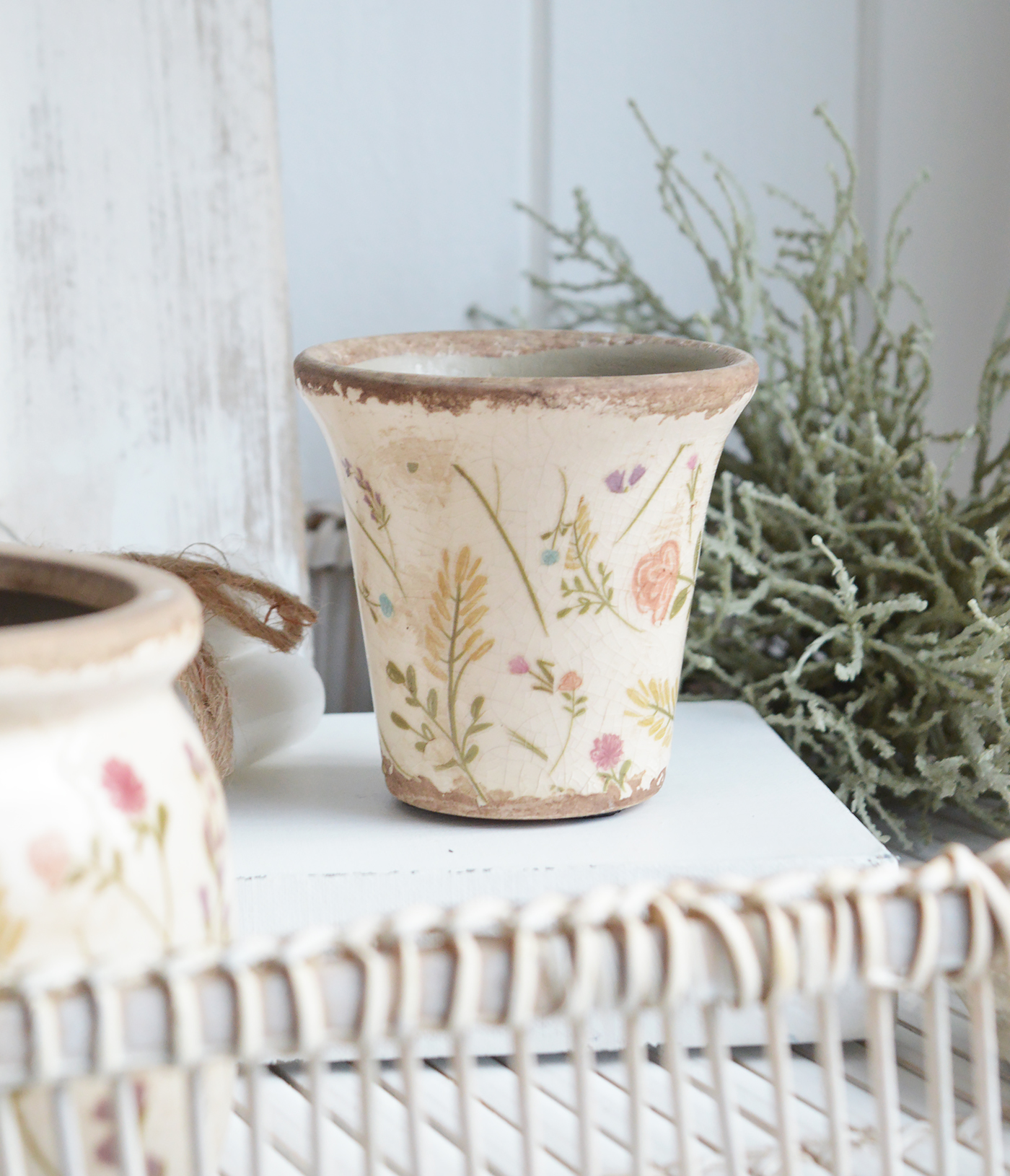 Marston Aged Vintage Style Ceramics small pot . - New England, coastal, modern farmhouse and country homes interiors and furniture