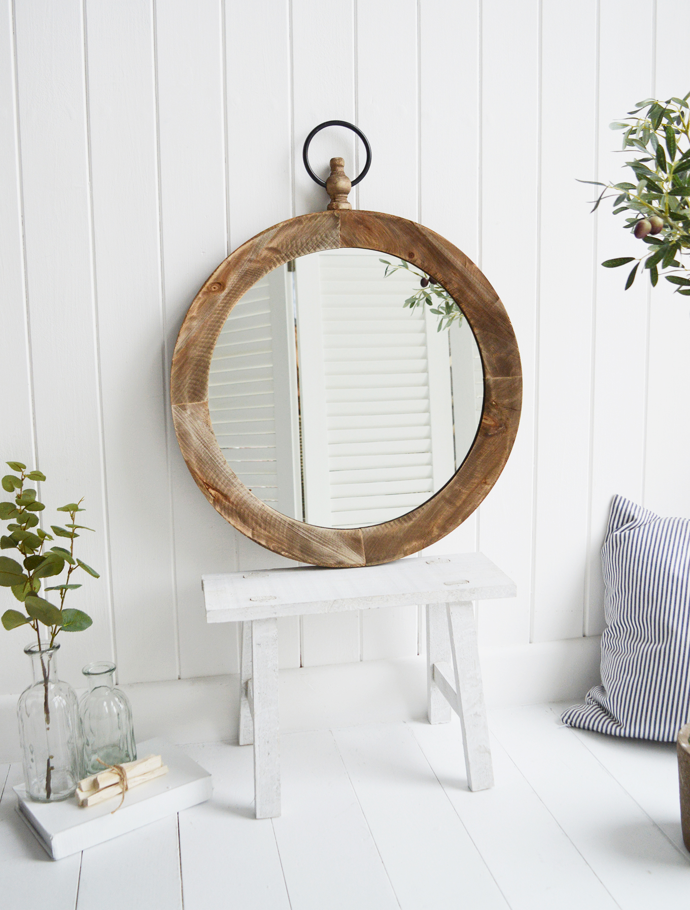 Grafton Circular Wooden Wall Mirror for coastal, country and city New England styled homes and interiors from The White Lighthouse Furniture