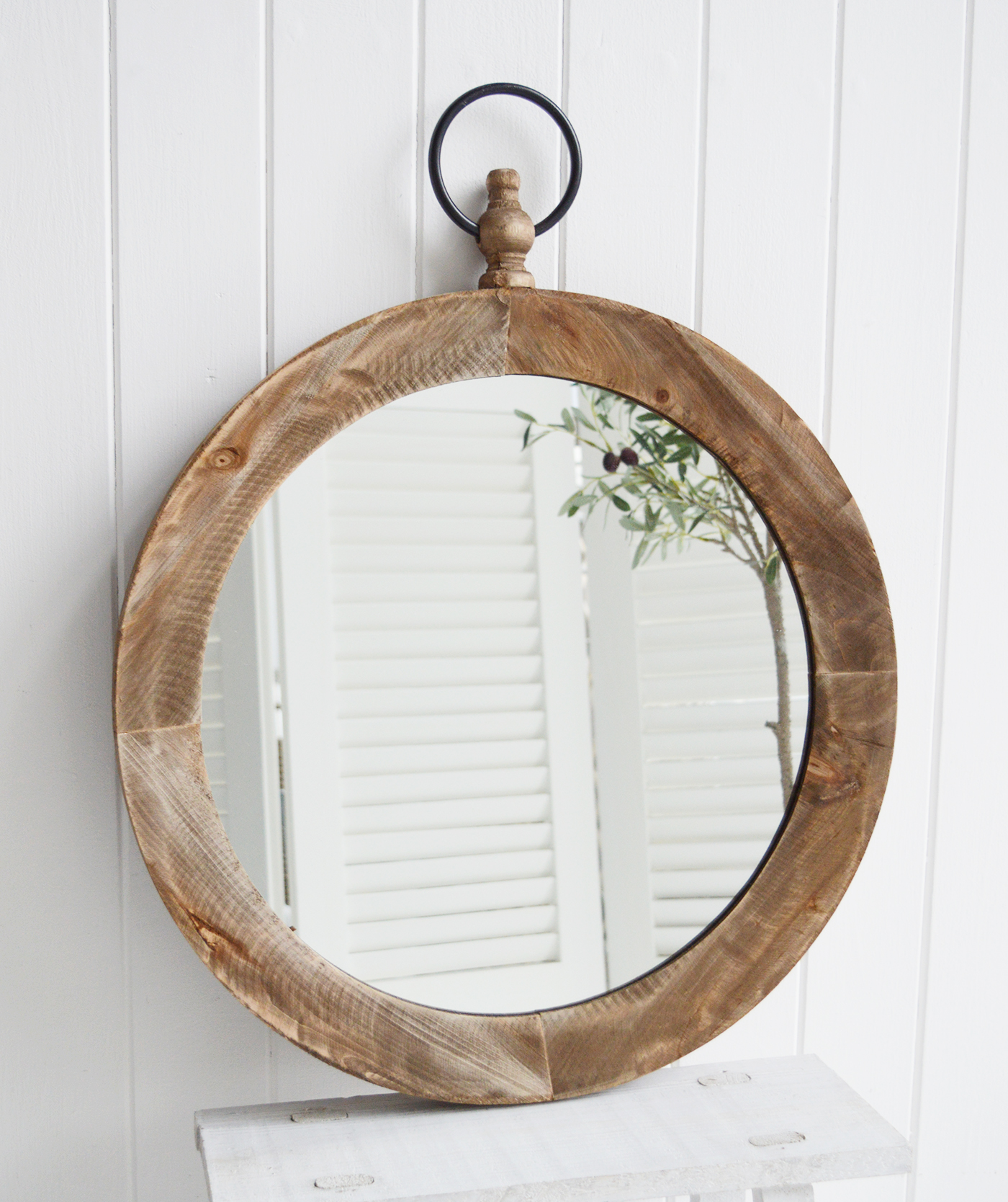 Grafton Circular Wooden Wall Mirror for coastal, country and city New England styled homes and interiors from The White Lighthouse Furniture