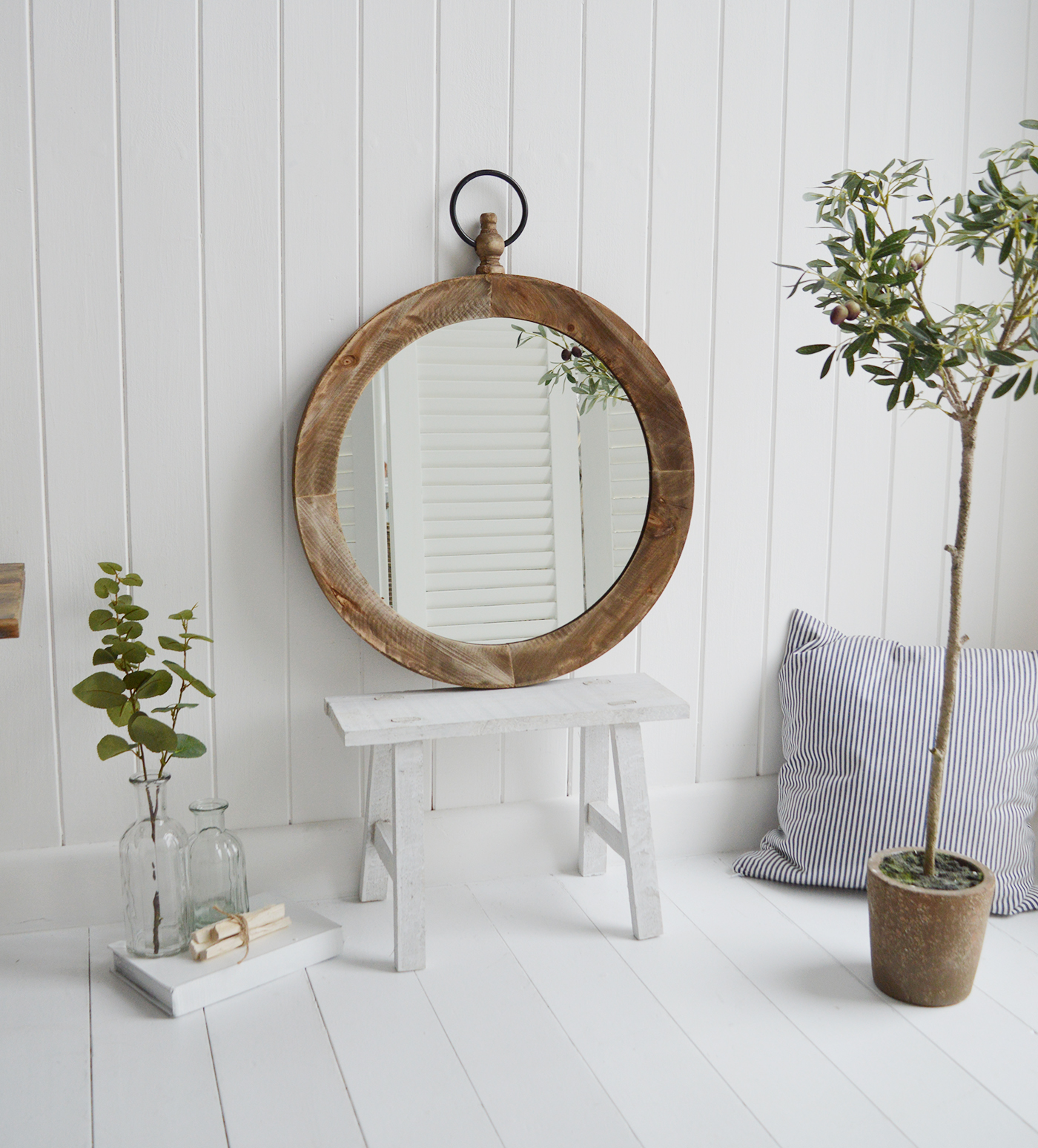 Grafton Circular Wooden Wall Mirror for coastal, country and city New England styled homes and interiors from The White Lighthouse Furniture