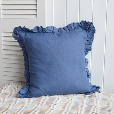 New England cushions and soft furnishings. Hamilton 100% Linen Cushion Covers for coastal, beach house and modern farmhouse interiors - Navy Ruffled