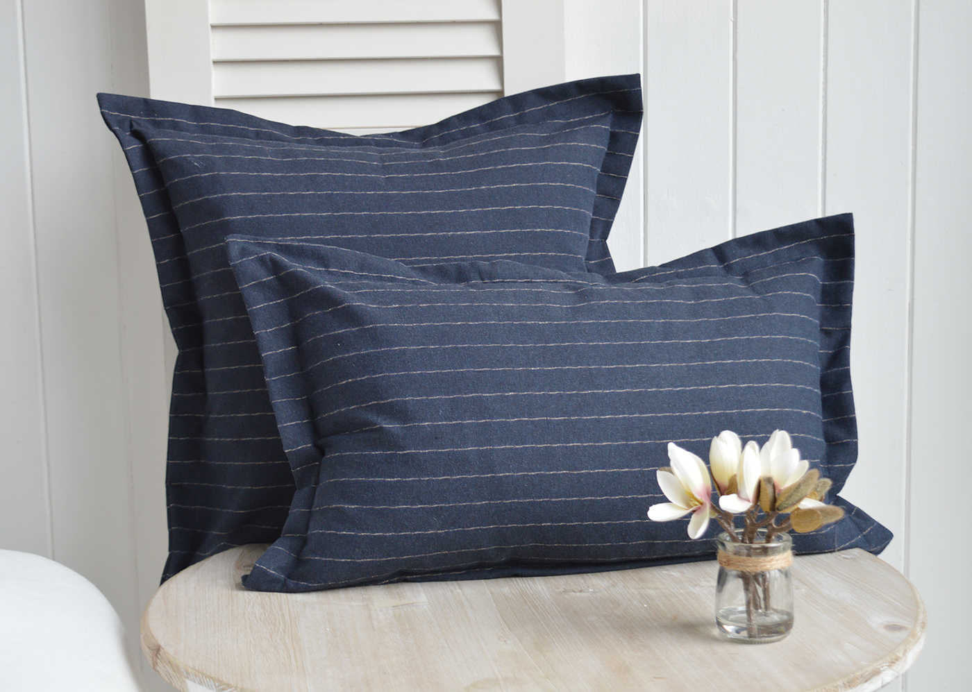 Hamptons and New England coastal cushions and soft furnishings - Peabody Navy Stripe Cushion Covers in rectangle and square