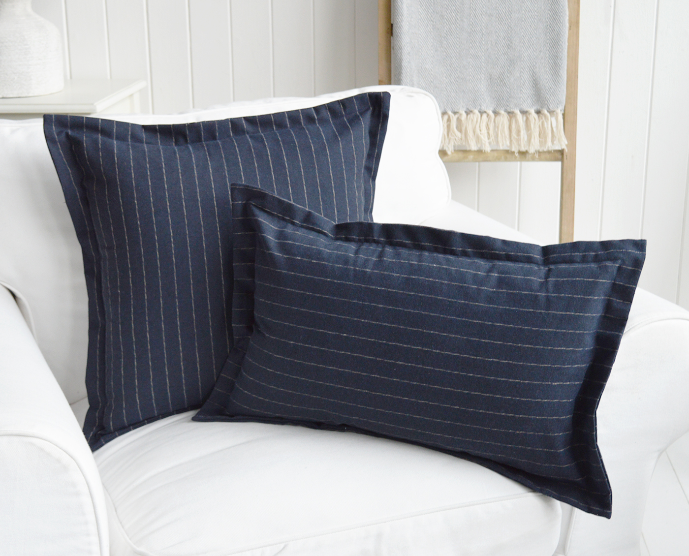 Hamptons and New England coastal cushions and soft furnishings - Peabody Navy PinStripe Cushion Cover
