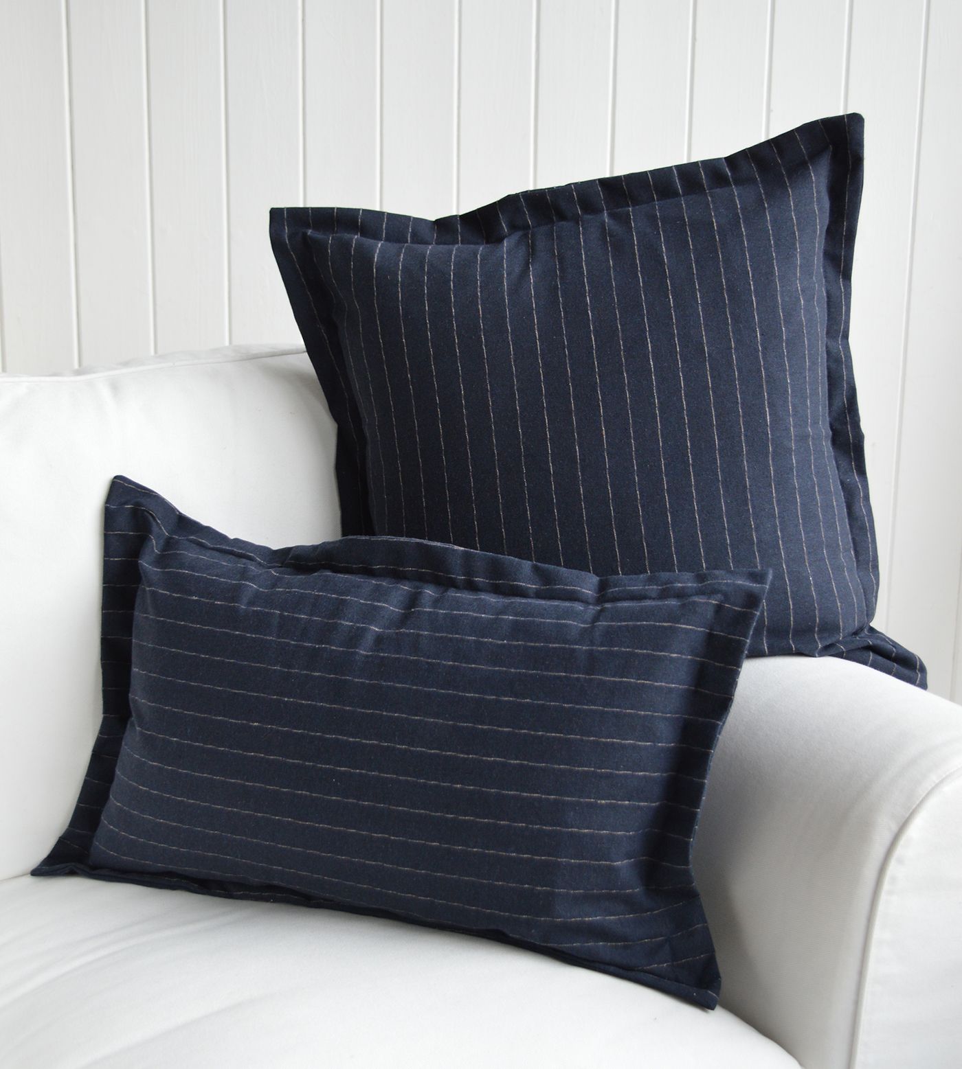 Hamptons and New England coastal cushions and soft furnishings - Peabody Navy Stripe Cushion Cover