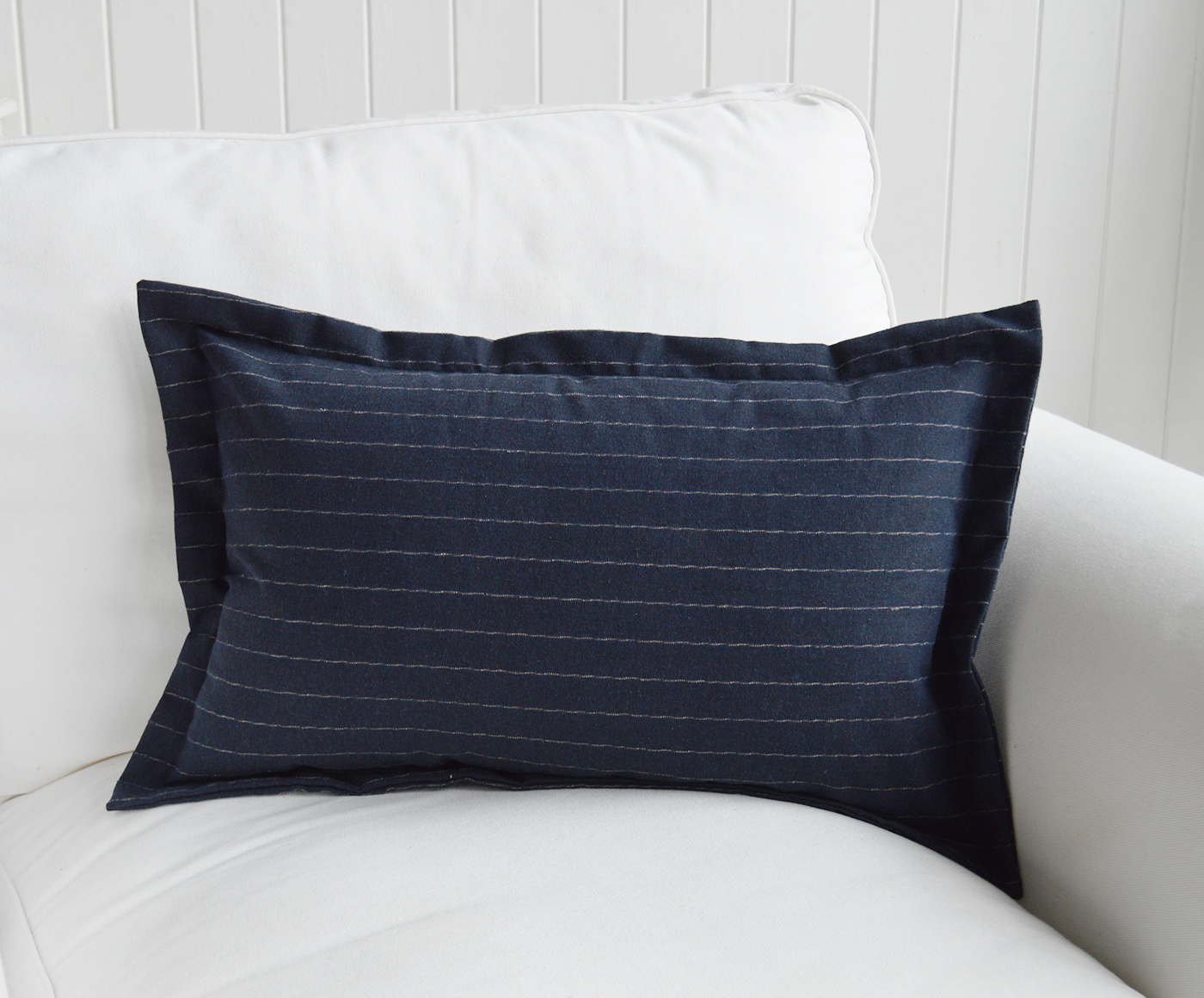Hamptons and New England coastal cushions and soft furnishings - Peabody Navy Stripe Cushion Covers in square and rectangle