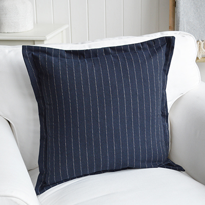 New England Style Country, Coastal and White Furniture and accessories for the home. Hamptons and New England coastal cushions and soft furnishings - Peabody Navy Stripe Cushion Cover