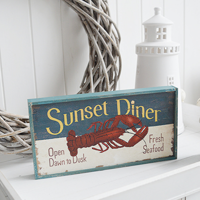 Nautical New England Coastal  Furniture and accessories for the home. A quirky, colourful New England sign typical for restaurants in the coastal areas the White Lighthouse Furniture and Home interiors