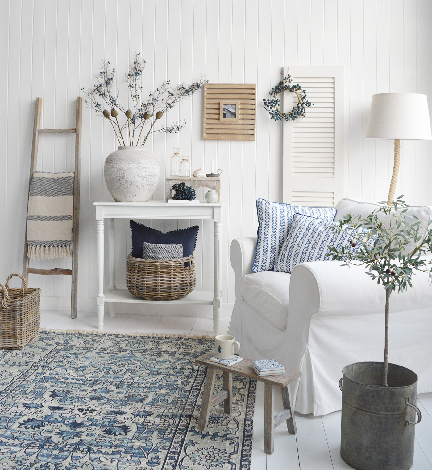 New England Living room furniture in whites and blues, for coatal, country and modern farmhouse furniture