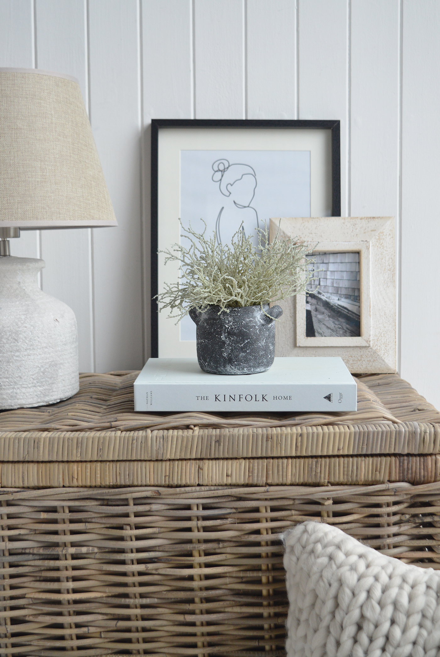 New England chic modern farmhouse and coastal interiors home decor ... includes the Newfane pot, Lady silhouette layered with the Weston photo frame and with a touch of coastal greener of our Cotton Lavender on top of the Seaside coffee table