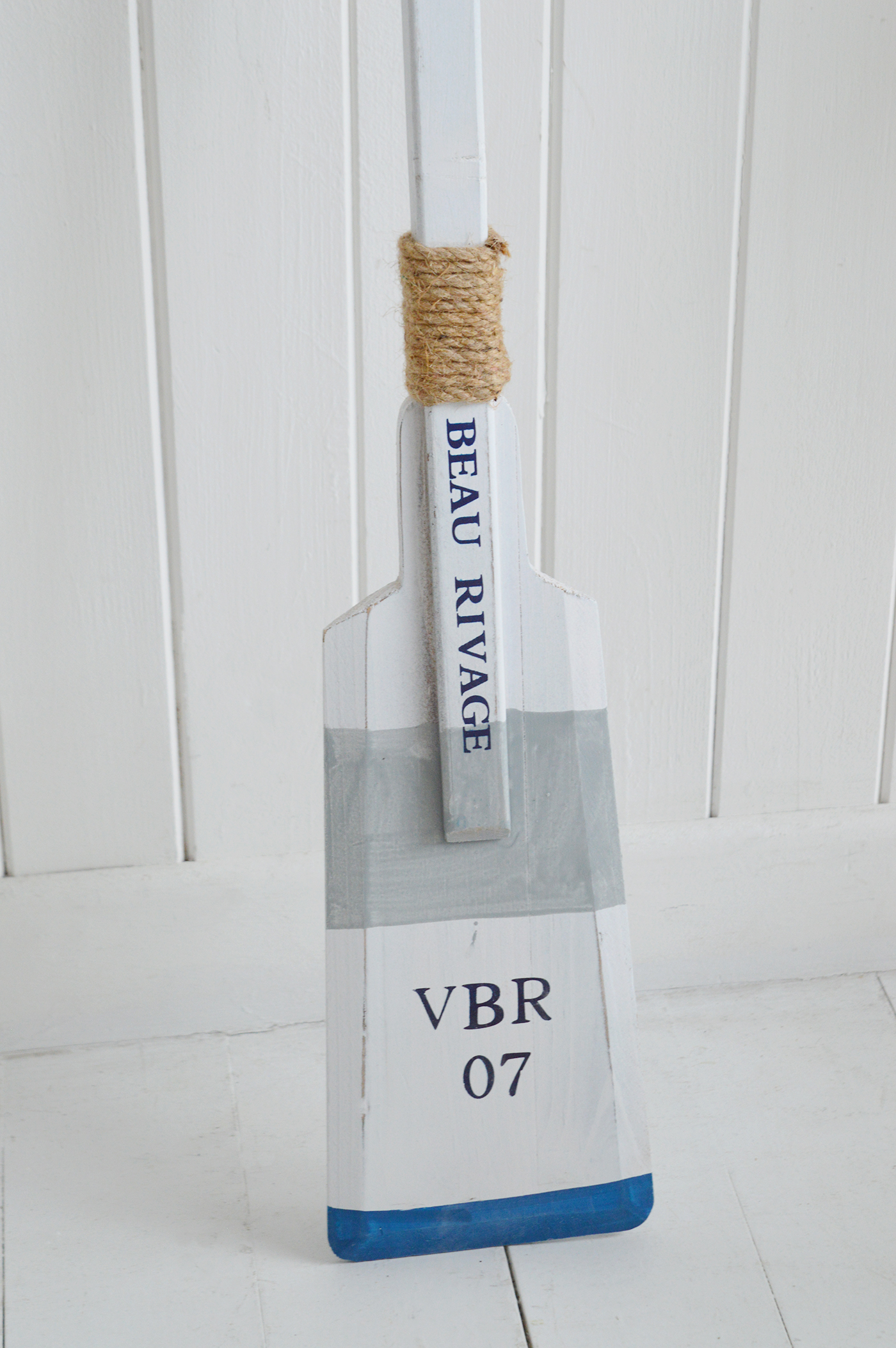 Nautical white and blue wood boat oar paddle for beach house décor