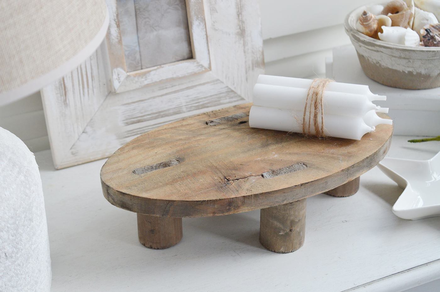 White Furniture and accessories for the home. Little Pawtucket Oval Stool - Shelf Styling for New England interiors< for New England, modern Farmhouse Country and coastal home interior deco