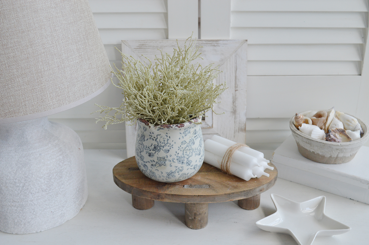 White Furniture and accessories for the home. Little Pawtucket Oval Stool - Shelf Styling for New England interiors< for New England, modern Farmhouse Country and coastal home interior deco