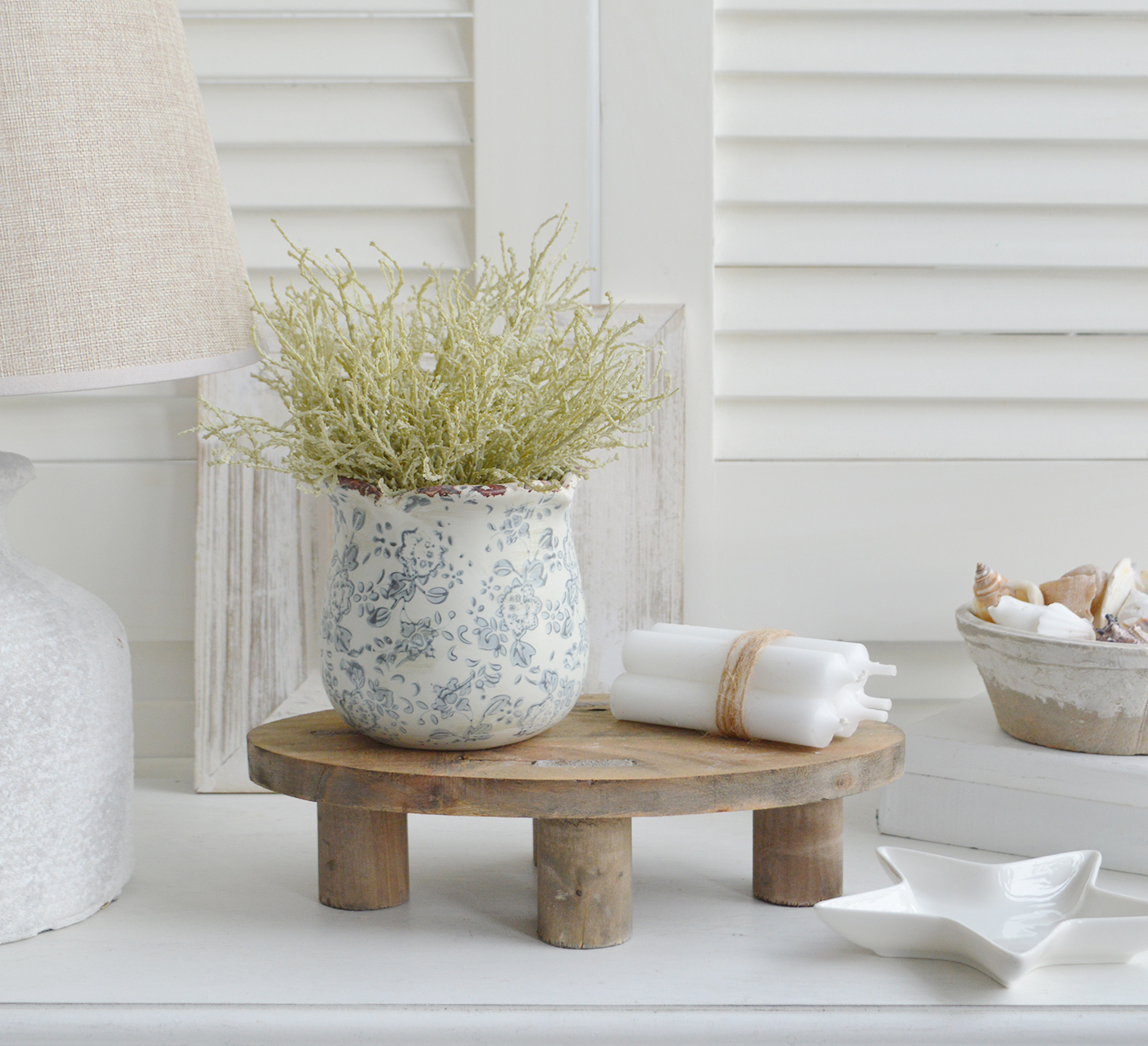 White Furniture and accessories for the home. Little Pawtucket Oval Stool - Shelf Styling for New England interiors< for New England, modern Farmhouse Country and coastal home interior deco