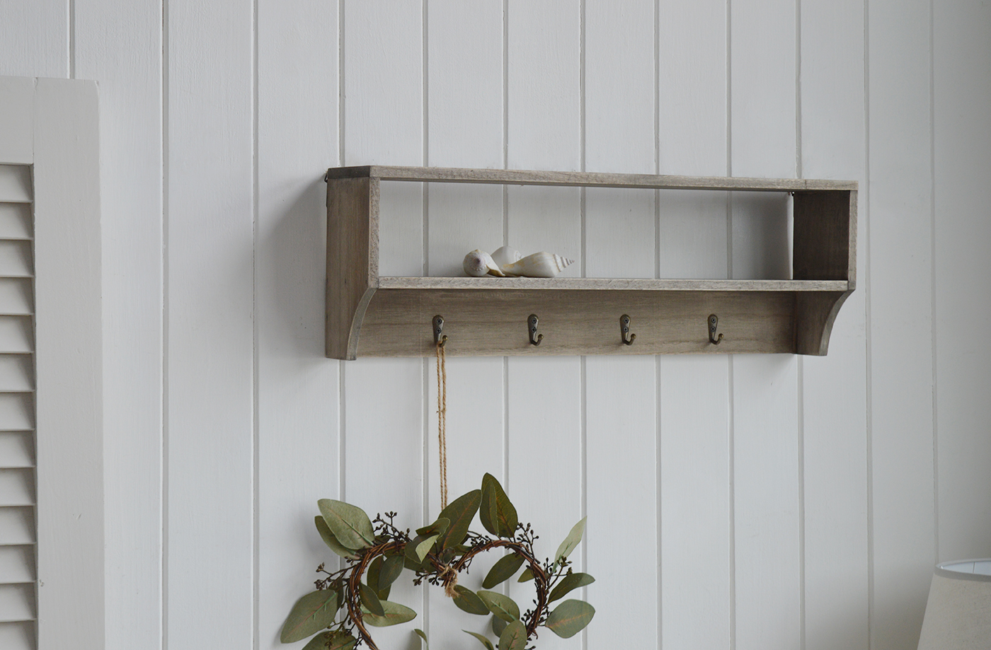 Pawtucket Grey Wall Shelf with Hooks in a coastal bathroom or hallway