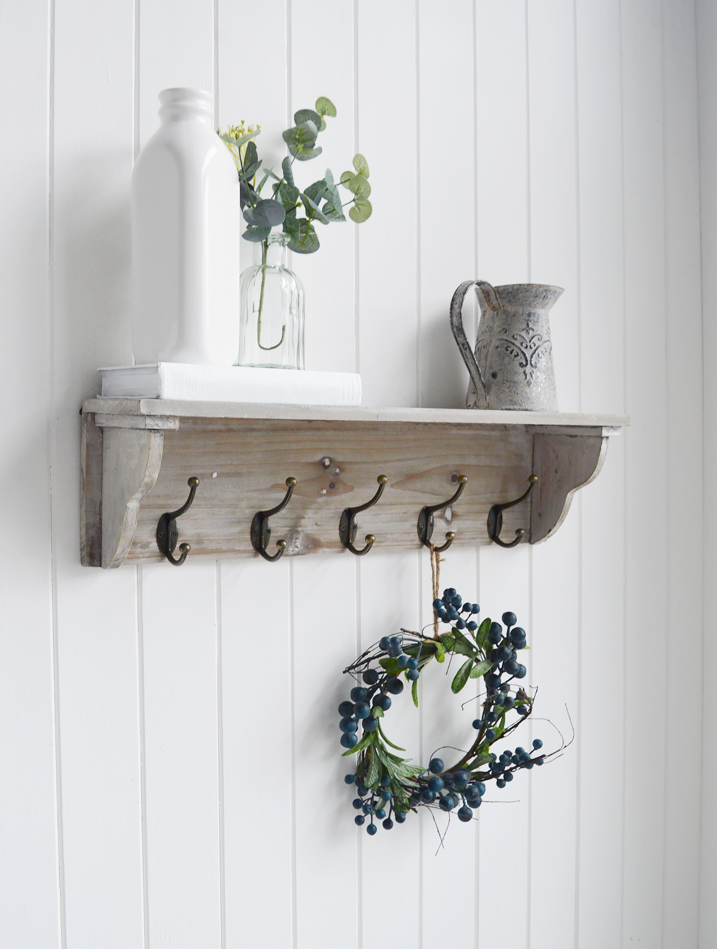 Pawtucket grey wooden wall shelf with hooks from The White Lighthouse. White Furniture and accessories for the bedroom, bathroom, hall and living room in coastal, New England and country homes and interiors