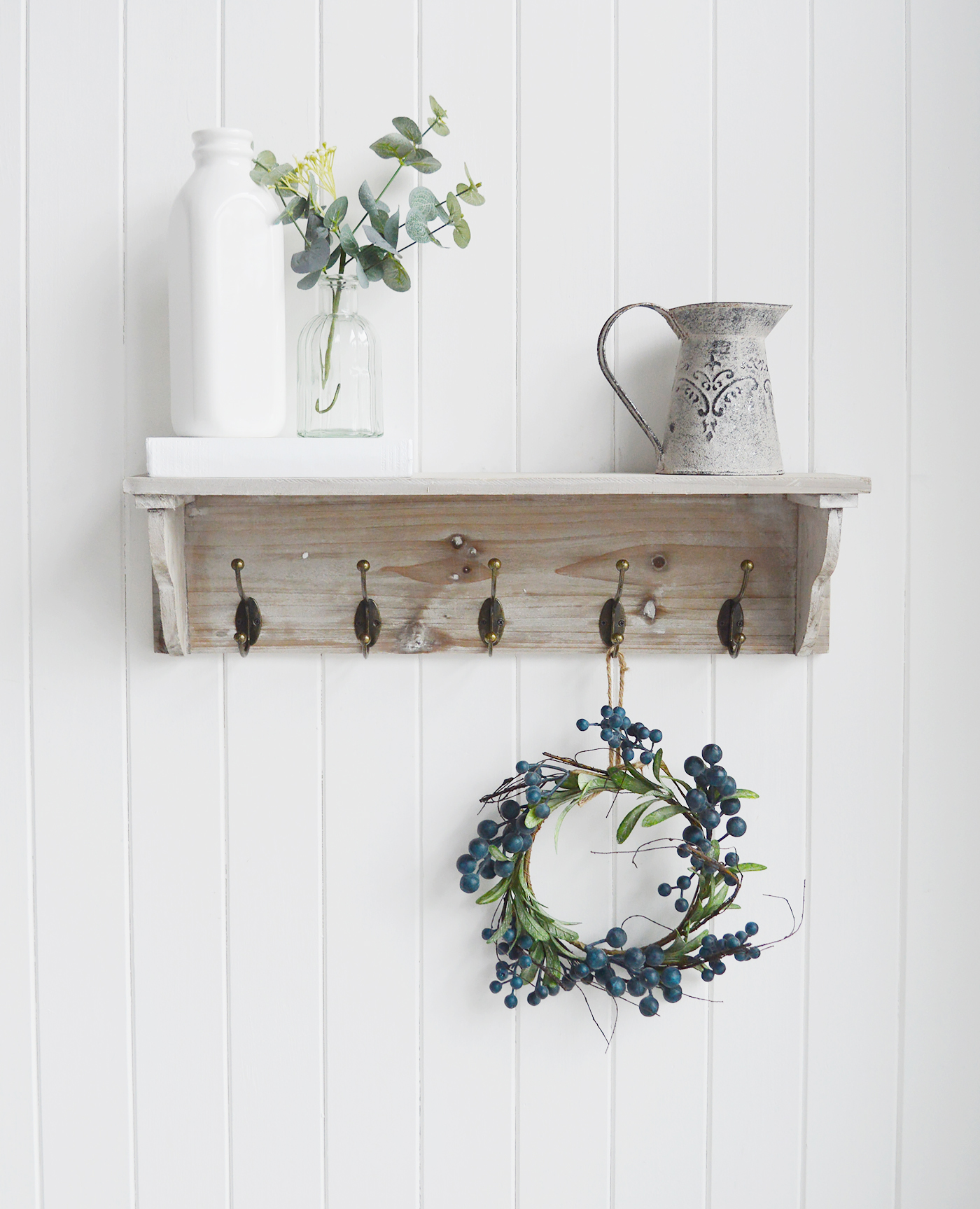 Pawtucket grey wooden wall shelf with hooks from The White Lighthouse. White Furniture and accessories for the bedroom, bathroom, hall and living room in coastal, New England and country homes and interiors