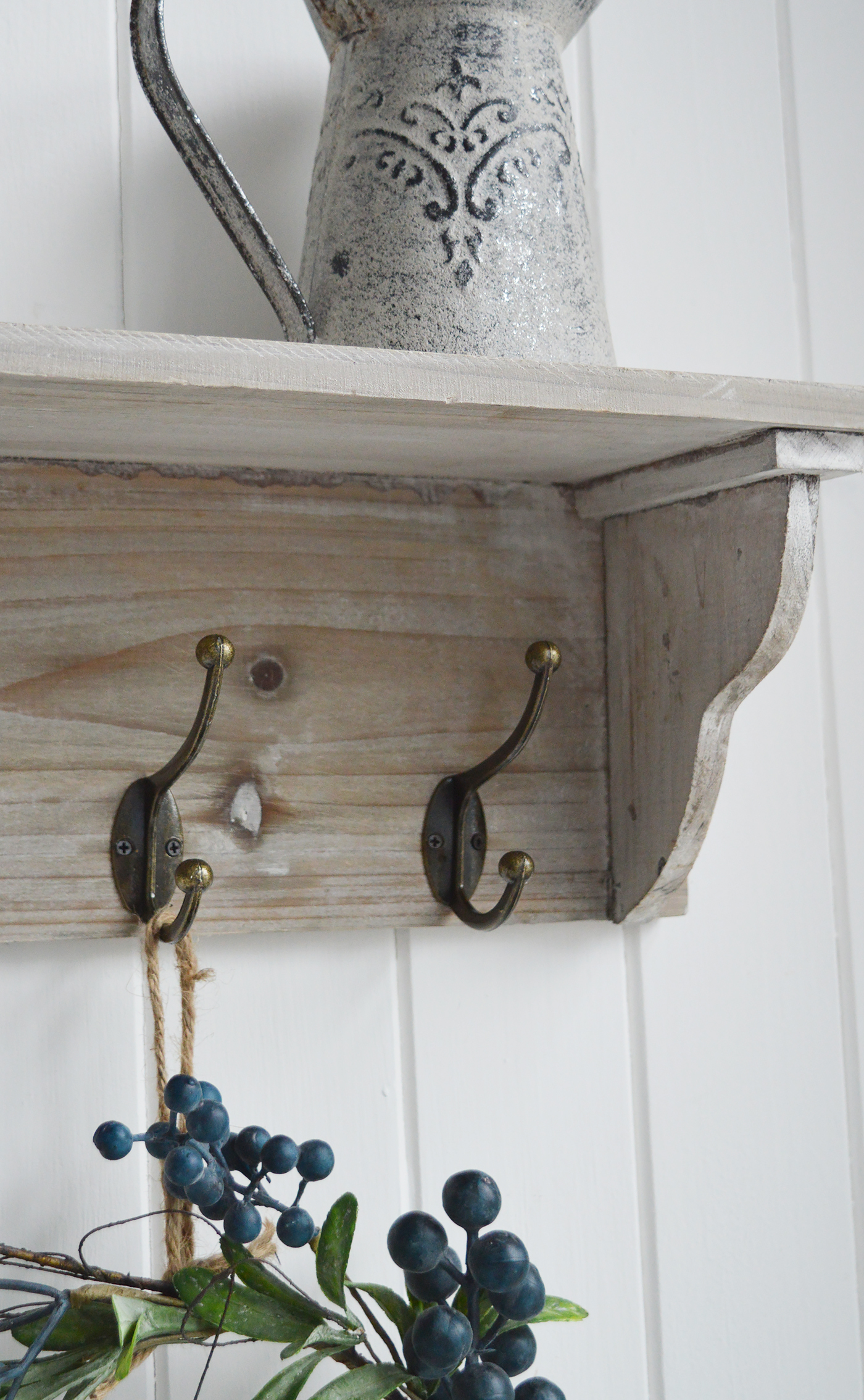Pawtucket grey wooden wall shelf with hooks from The White Lighthouse. White Furniture and accessories for the bedroom, bathroom, hall and living room in coastal, New England and country homes and interiors