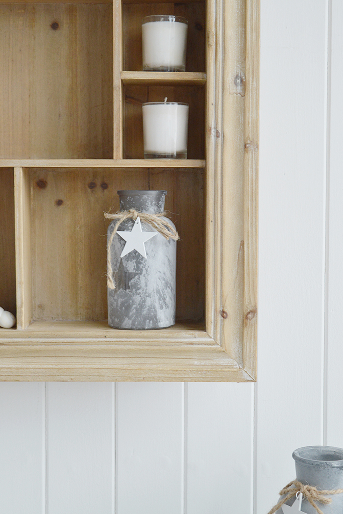 Pawtucket display wooden wall shelf in greyed wood for the living room, bathroom, hallway or bedroom. Perfectly complements coastal, country and white furniture in New England Interiors from The White Lighthouse Interiors