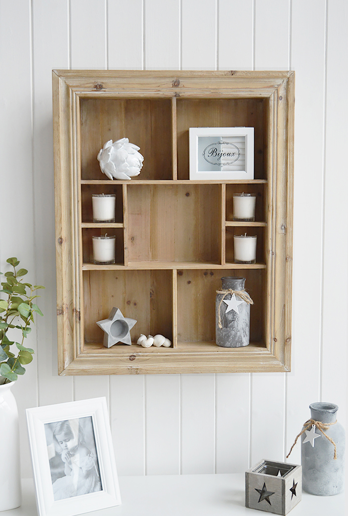 Pawtucket display wooden wall shelf in greyed wood for the living room, bathroom, hallway or bedroom. Perfectly complements coastal, country and white furniture in New England Interiors and homes