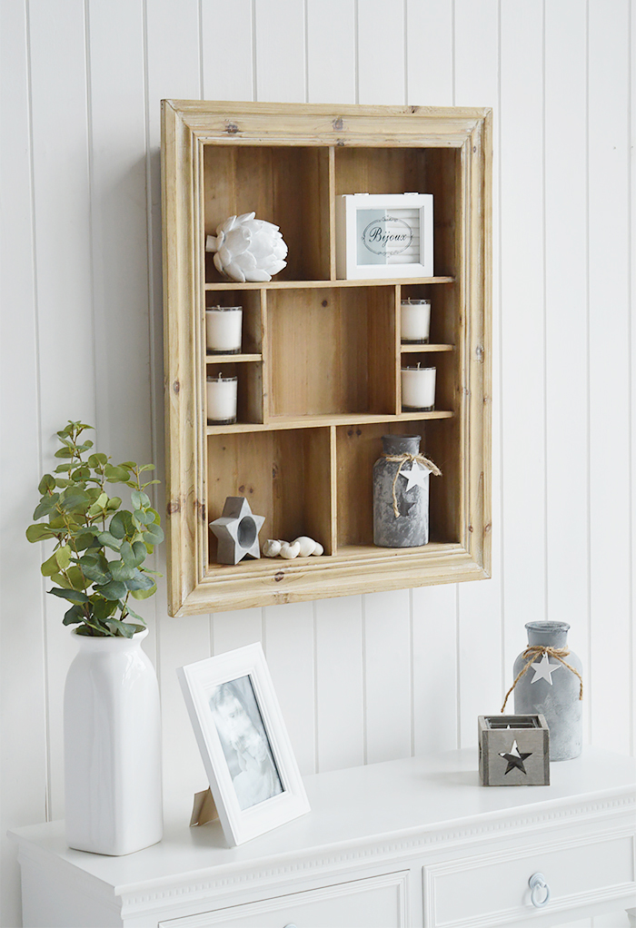 Pawtucket display wooden wall shelf in greyed wood for the living room, bathroom, hallway or bedroom. Perfectly complements coastal, country and white furniture in New England Interiors from The White Lighthouse 