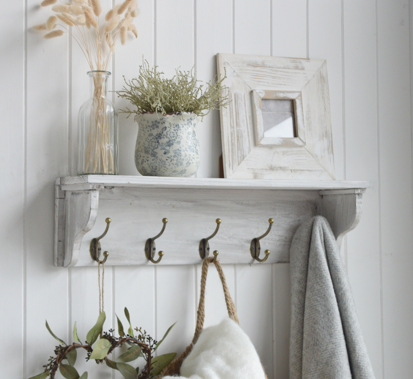 Pawtucket grey wooden wall shelf with hooks from The White Lighthouse. White Furniture and accessories for the bedroom, bathroom, hall and living room in coastal, New England and country homes and interiors