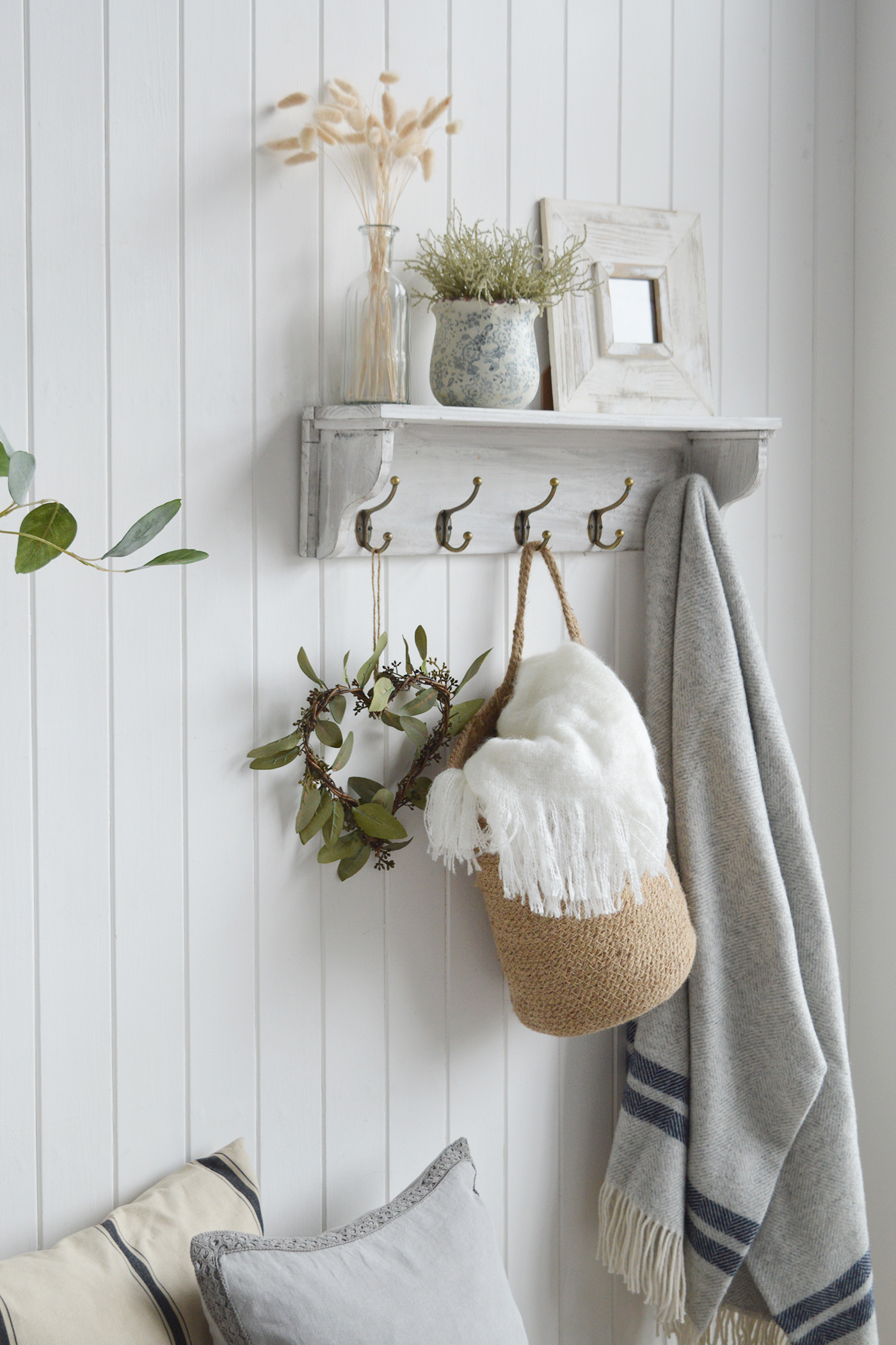 Pawtucket Grey Wall Shelf with Hooks Hall Coat Storage from The White