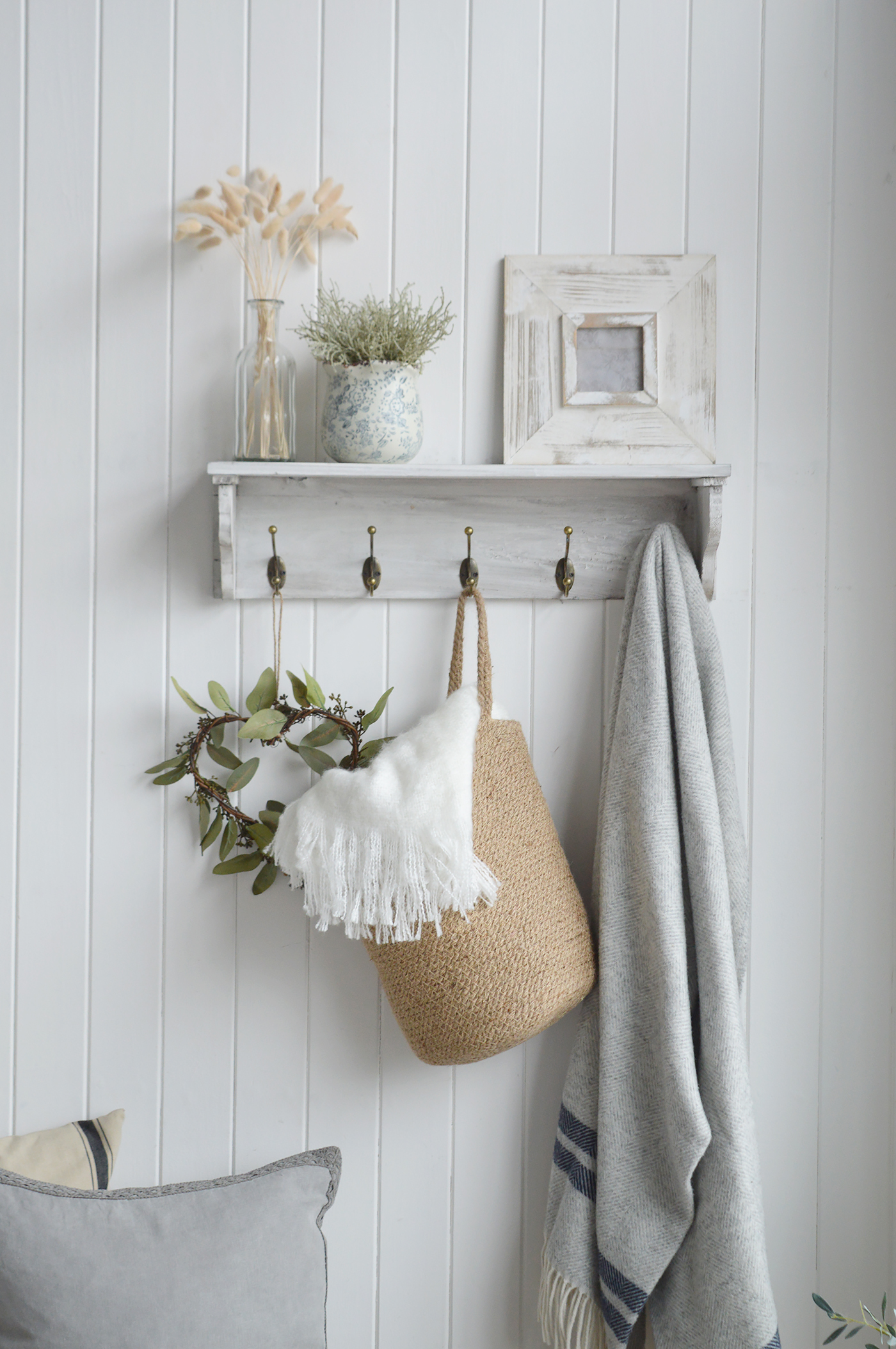 Pawtucket grey wooden wall shelf with hooks from The White Lighthouse. White Furniture and accessories for the bedroom, bathroom, hall and living room in coastal, New England and country homes and interiors
