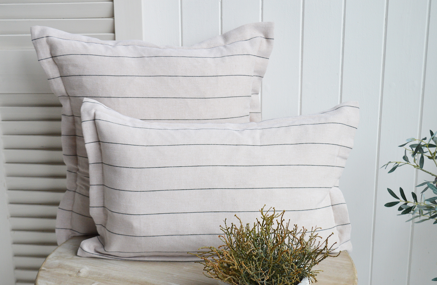 New England Style Country, Coastal and White Furniture and accessories for the home. Hamptons and New England coastal cushions and soft furnishings - Peabody Stripe Cushion Cover i rectangle and square