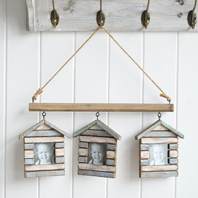 Hanging beach hut photo frames from The White Lighthouse Home Decor. New England Furniture and home decor accessories for the home interiors