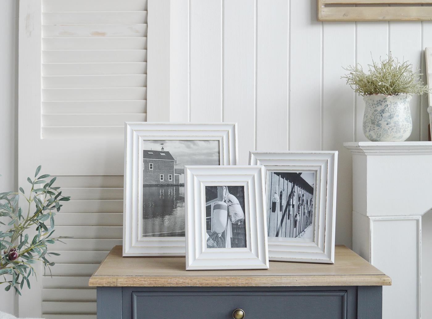 Colebrook Distressed White Photo Frames - New England Coastal Interiors. White Photo frame 5 x 7, 6 x 6 and 10 x 8