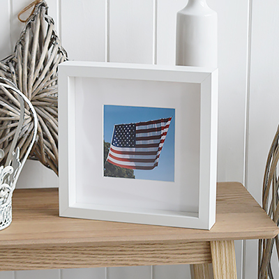 Framed square print of the American Flag in box frame for New England Decor