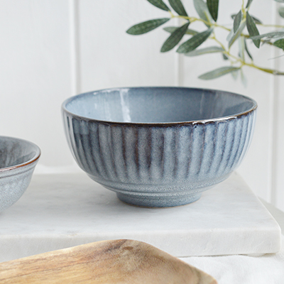Pilgrim Ceramic Bowls - Grey Blue ribbed bowl for New England, farmhouse,  Country and coastal homes and interior decor