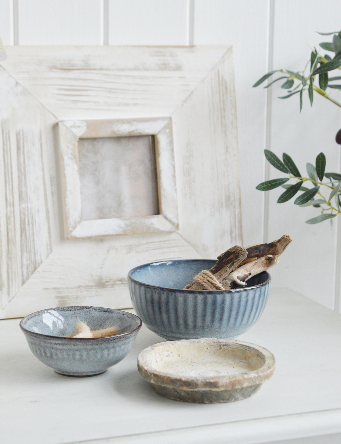  Pilgrim Ceramic Bowls - Blue Grey Ribbed for New England, farmhouse,  Country and coastal homes and interior deco