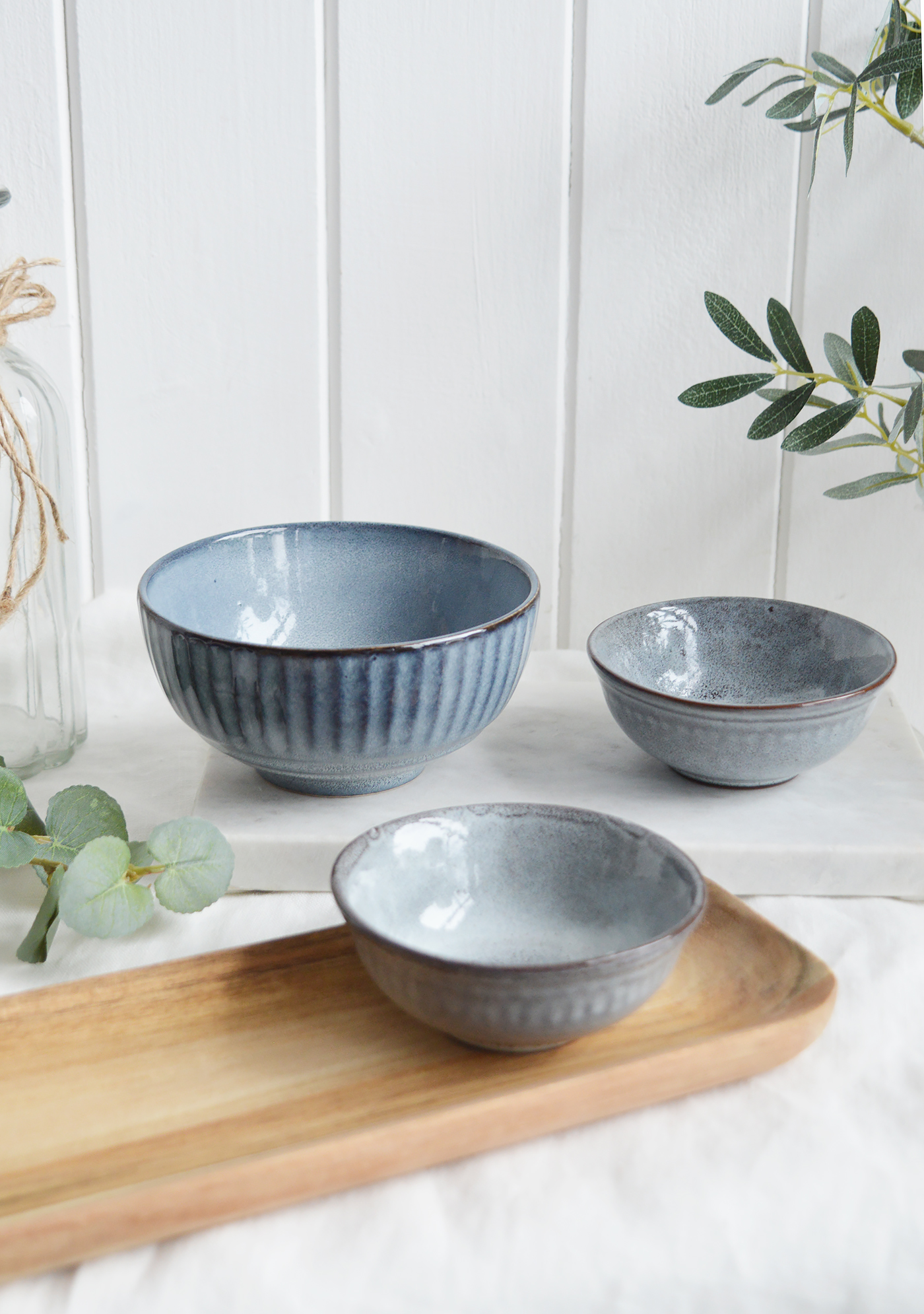  Pilgrim Ceramic Bowls - Blue Grey Ribbed for New England, farmhouse,  Country and coastal homes and interior deco