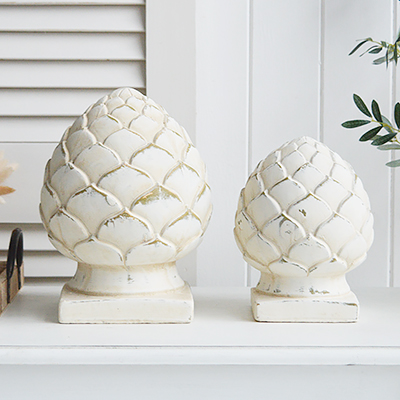 Standing Pinecones in aged cream stone for New England, city Country and coastal home interior decor. Shelf, console and coffee table styling