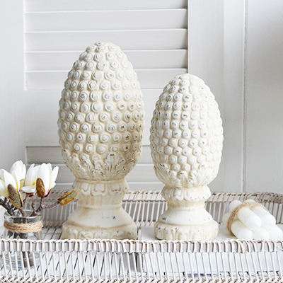 Standing Pinecones in aged cream stone for New England, city Country and coastal home interior decor. Shelf, console and coffee table styling