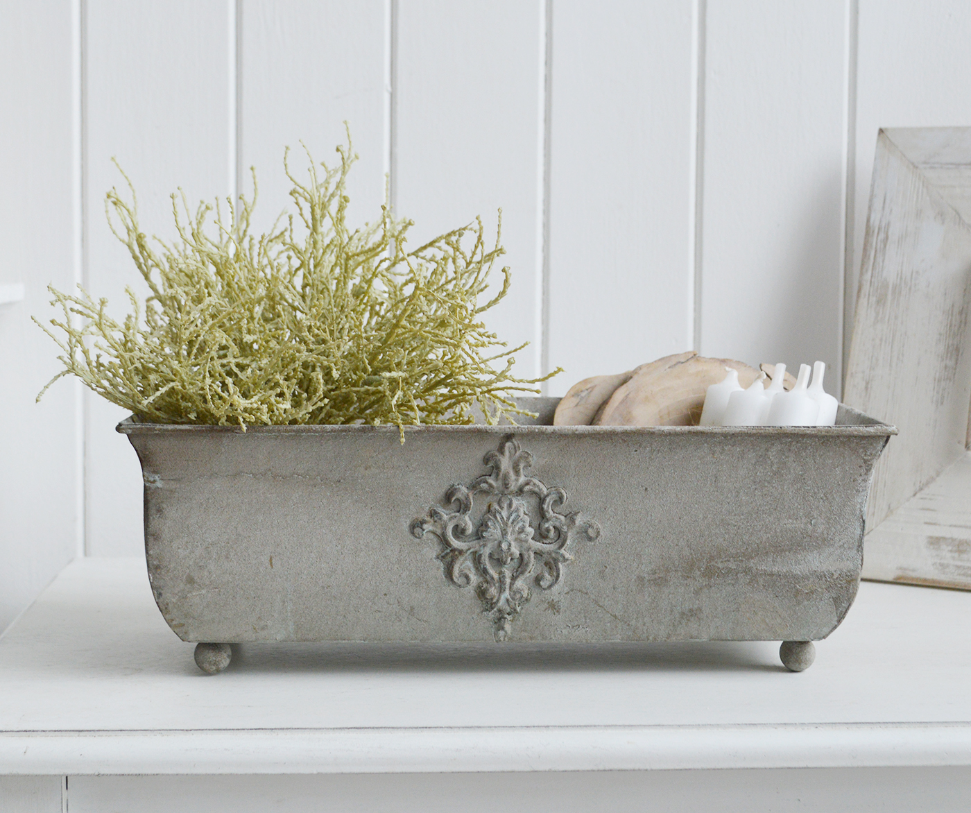 White Furniture and accessories for the home. Farmington Metal Planter - New England Shelf Styling for New England, farmhouse Country and coastal home interior decor