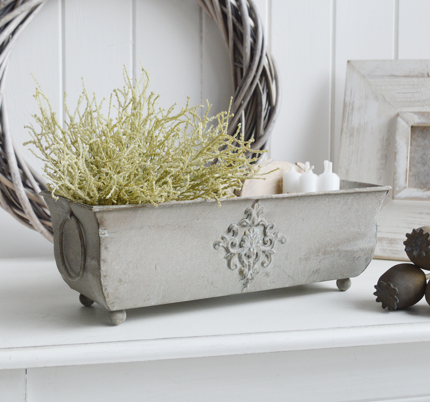 White Furniture and accessories for the home. Farmington Metal Planter - New England Shelf Styling for New England, farmhouse Country and coastal home interior decor