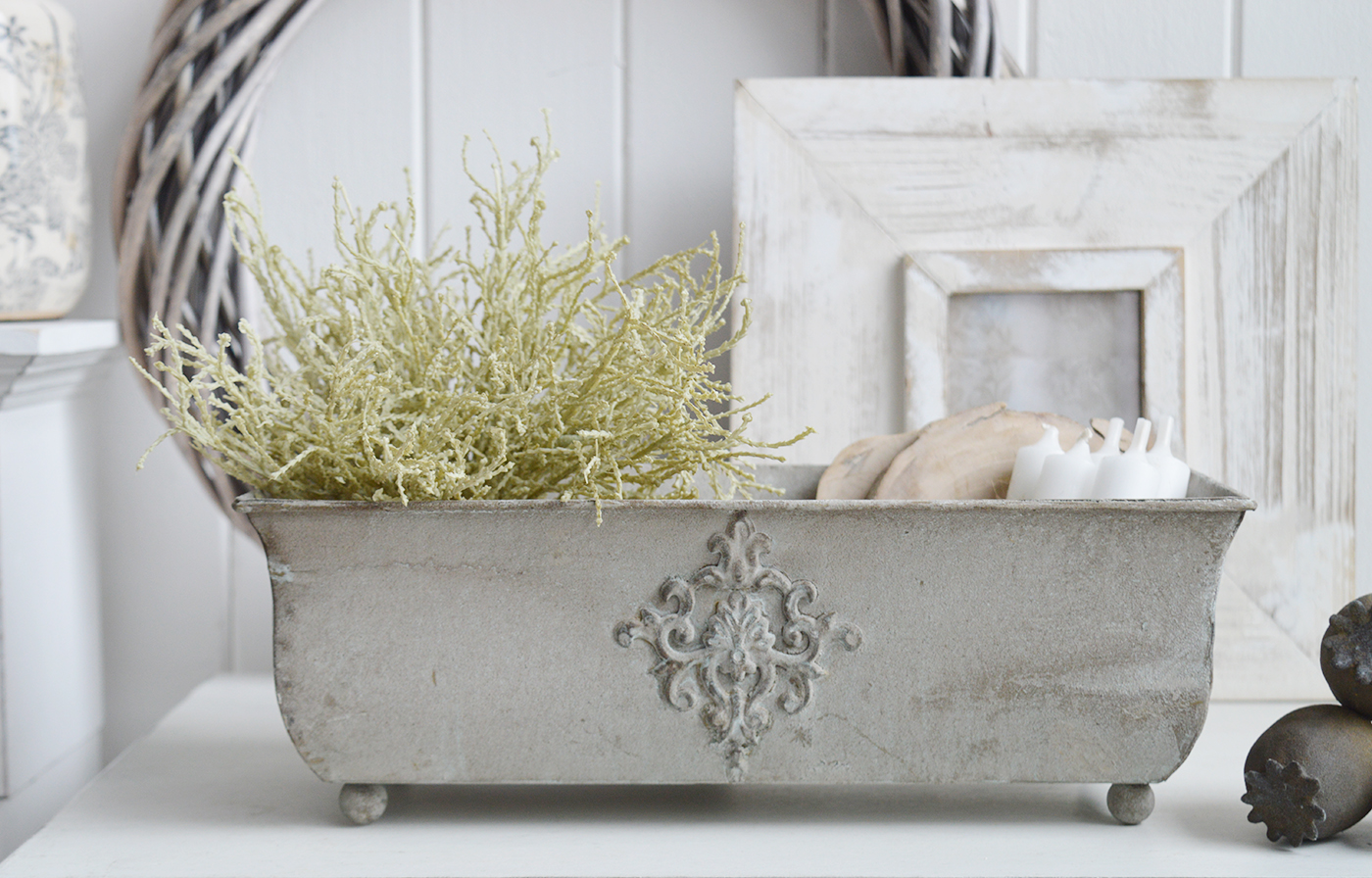 White Furniture and accessories for the home. Farmington Metal Planter - New England Shelf Styling for New England, farmhouse Country and coastal home interior decor