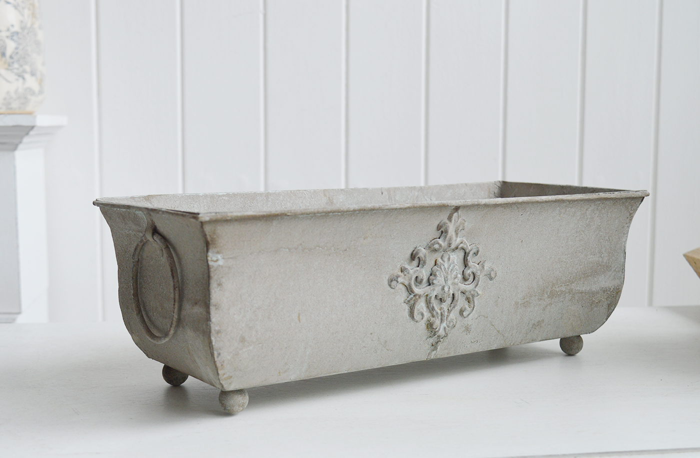 White Furniture and accessories for the home. Farmington Metal Planter - New England Shelf Styling for New England, farmhouse Country and coastal home interior decor