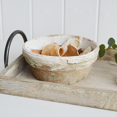 Our little rustic clay planter... perfect for planting bulbs and as a small bowl as shown on our Pawtucket display trays for New England country coastal and farmhouse interiors