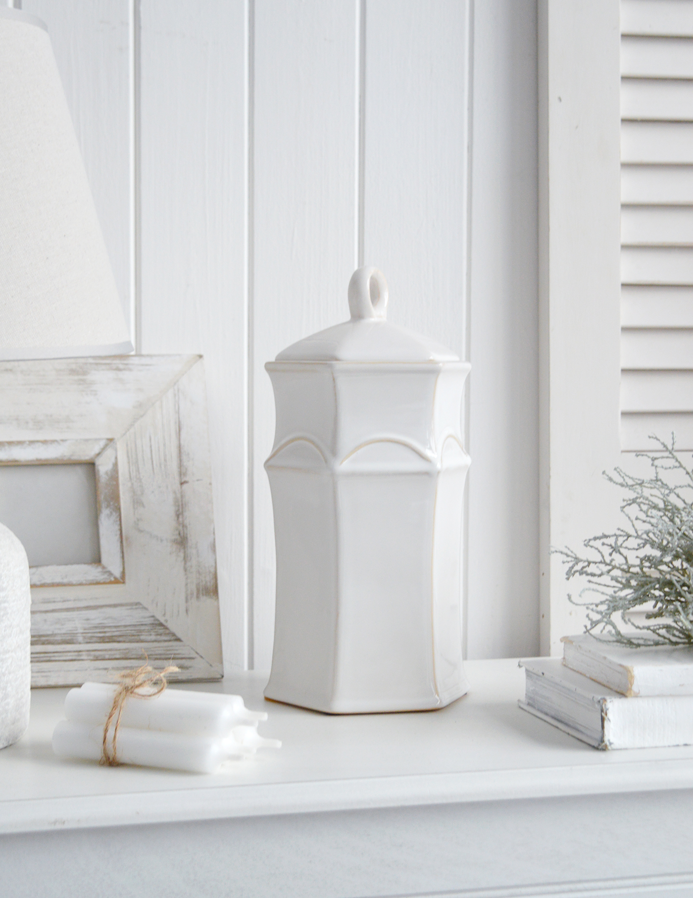 White tall ceramic jar - Console Table Styling in Hamptons Styled Home Interiors