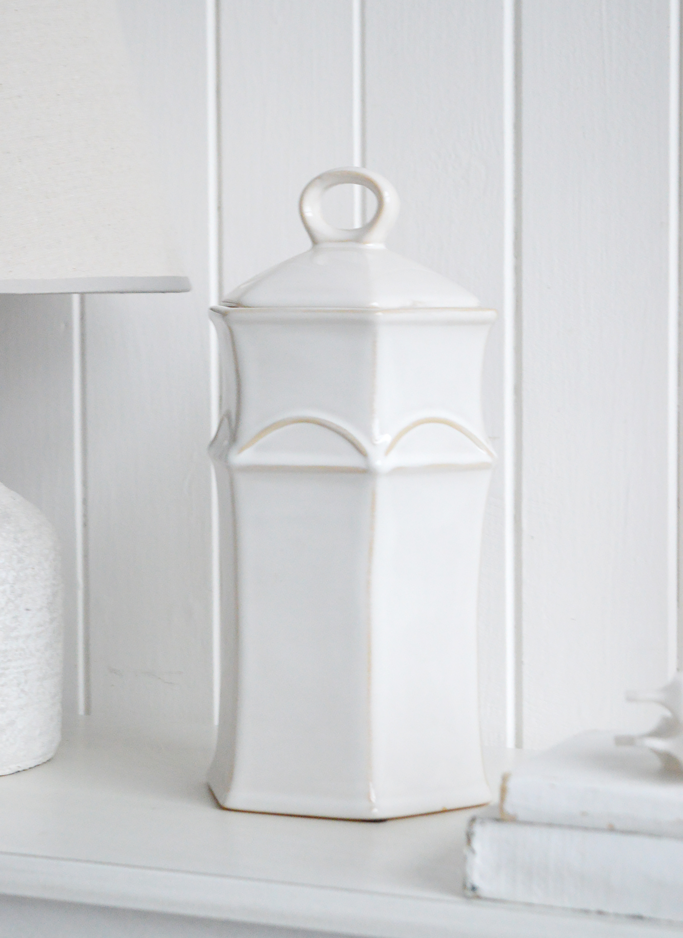 White tall ceramic jar - Console Table Styling in Hamptons Styled Home Interiors