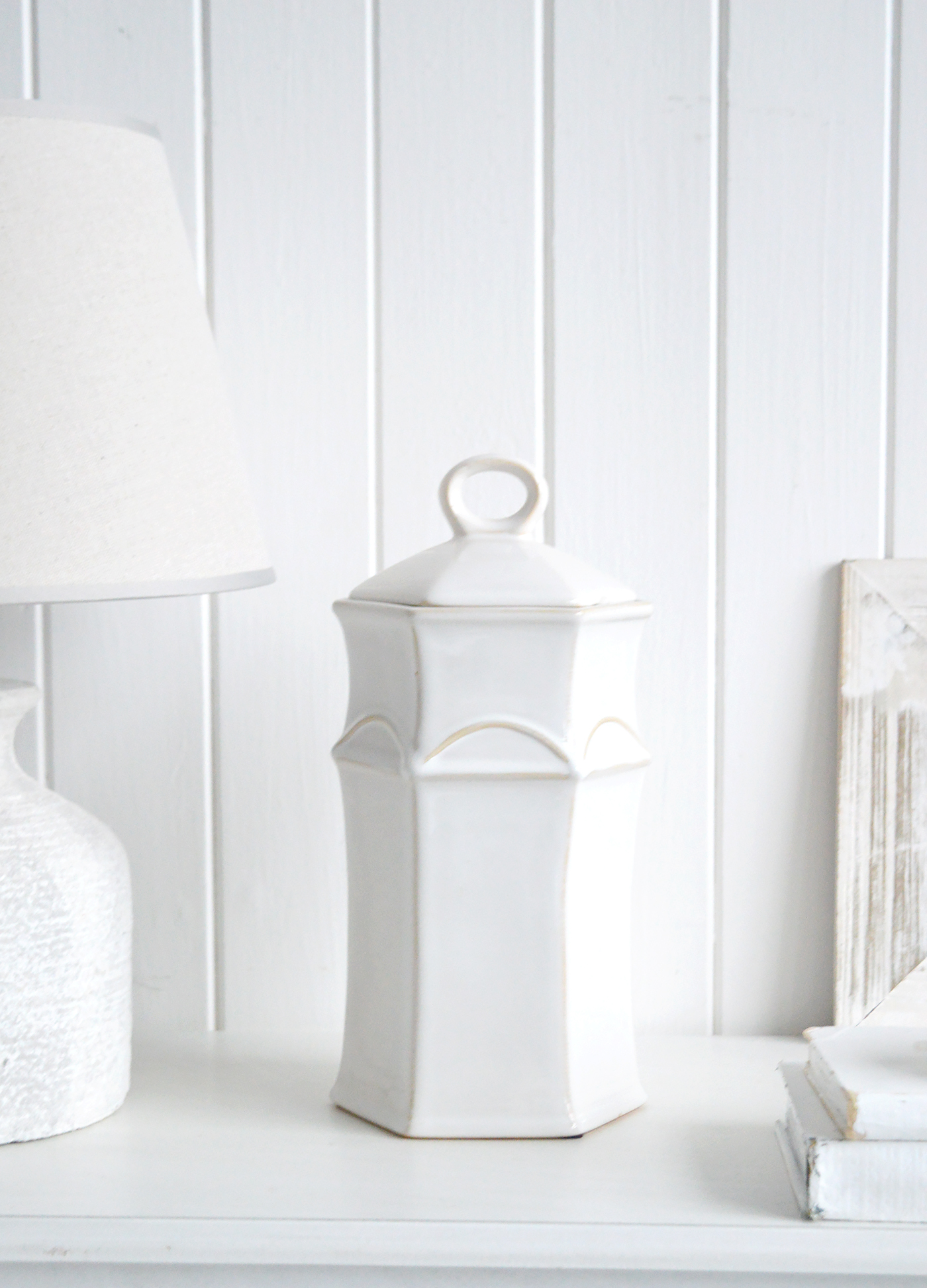 White tall ceramic jar - Console Table Styling in Hamptons Styled Home Interiors