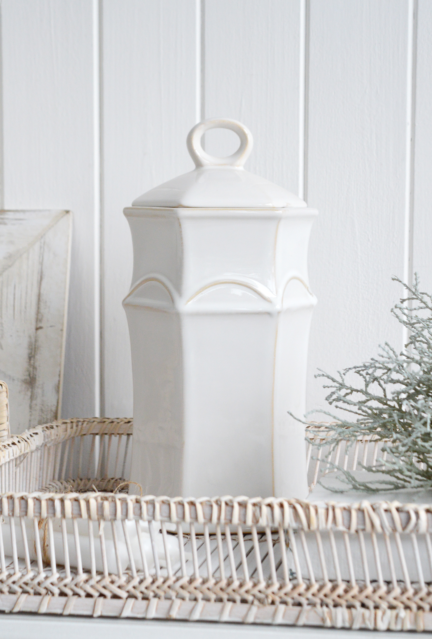 White tall ceramic jar - Console Table Styling in Hamptons Styled Home Interiors