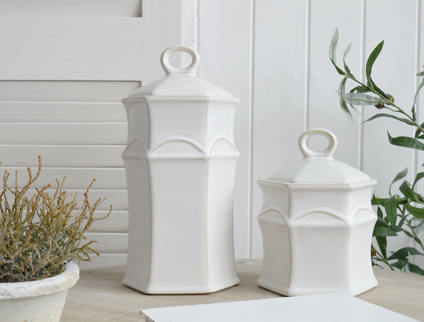 White Ceramics - Porter ceramic jar - Console Table Styling in Hamptons Styled Home Interior