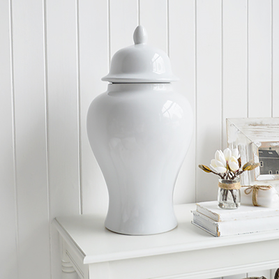 Shop the Porter White Ceramic Jar – a tall, elegant decorative vase with a glossy finish, ideal for styling consoles and shelves in coastal, Hamptons or modern country homes.