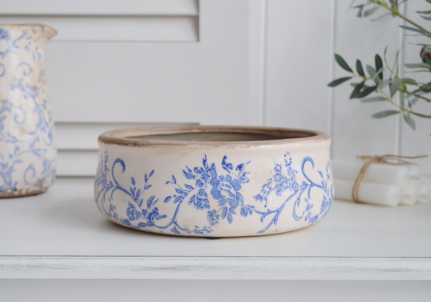 Prospect vintage ceramic low pots. Blue and white home decor for New England Style interiors for coastal, country and city home interiors from The White Lighthouse
