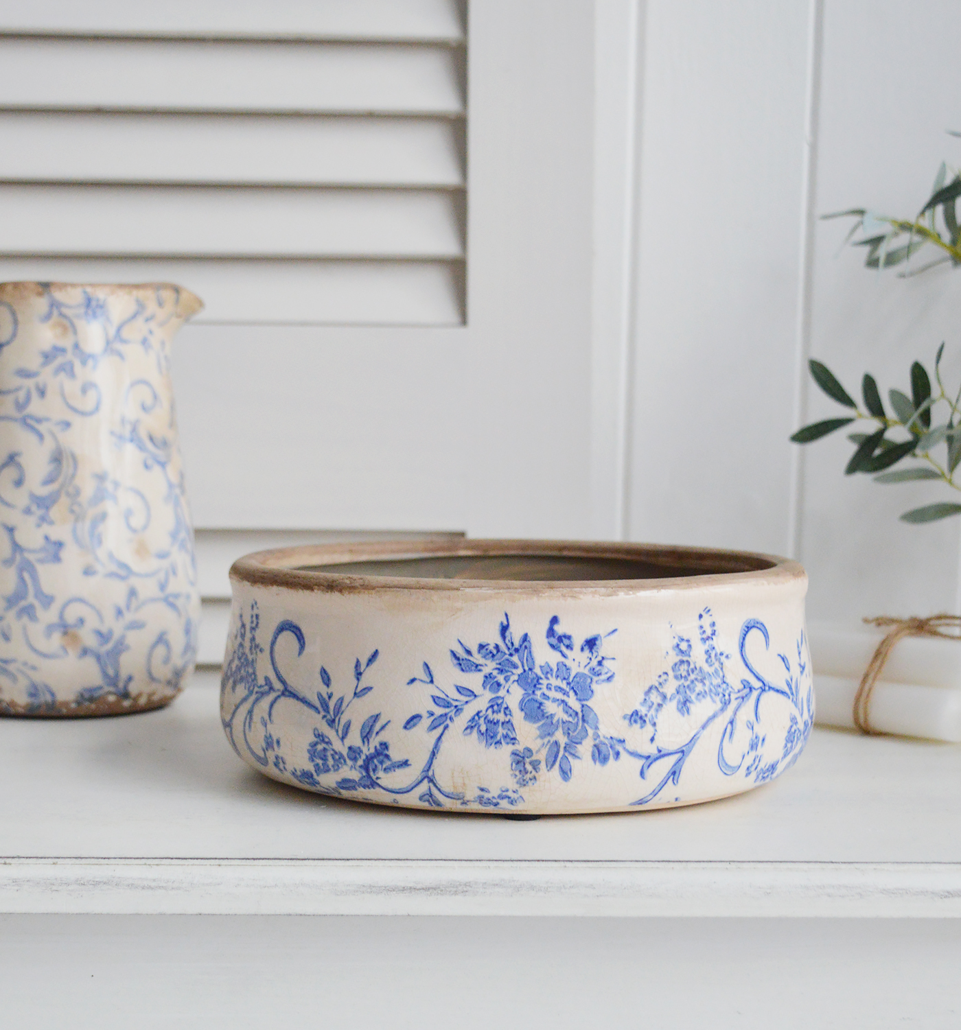 Prospect vintage ceramic low pots. Blue and white home decor for New England Style interiors for coastal, country and city home interiors from The White Lighthouse