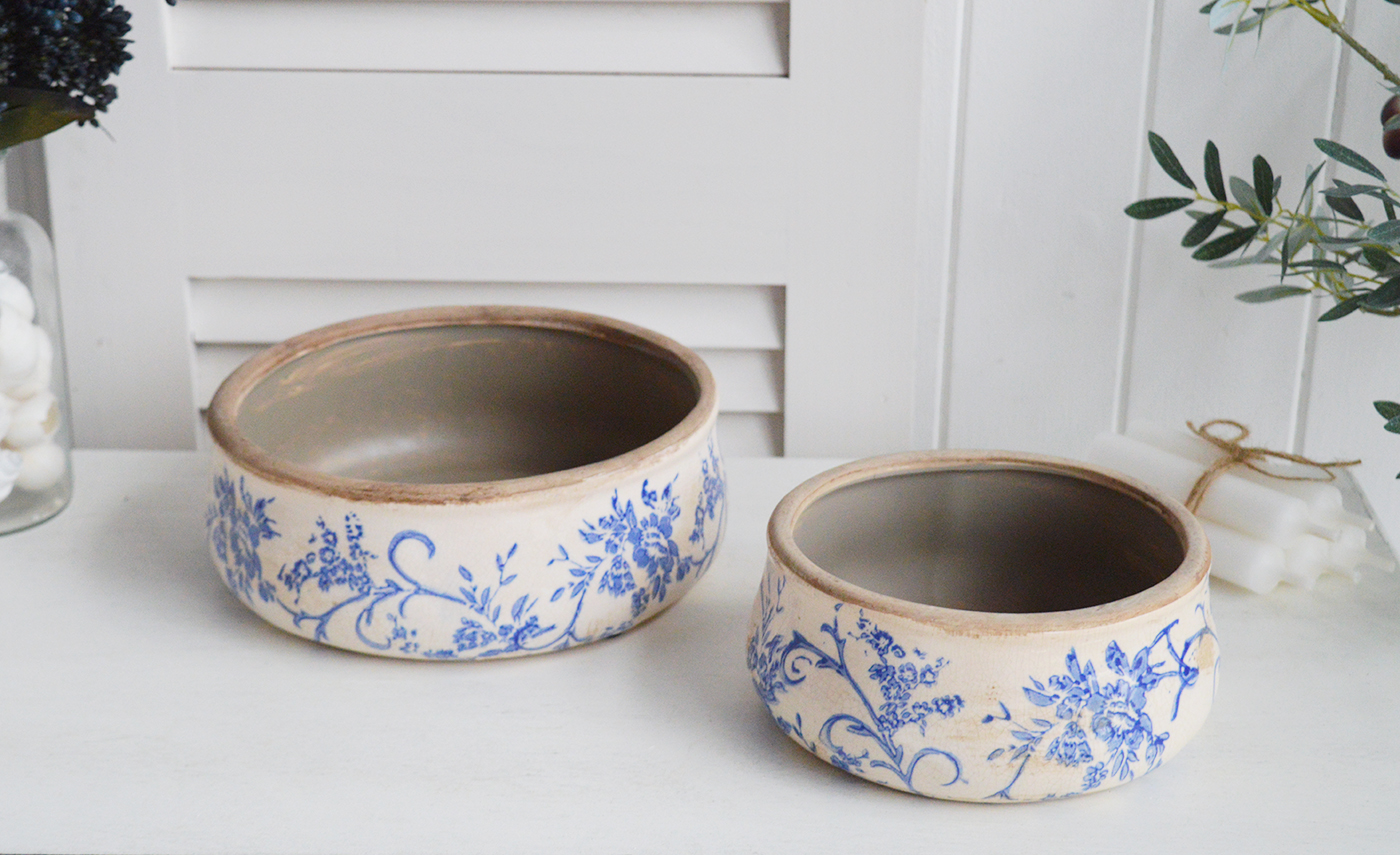 Prospect vintage ceramic low pots. Blue and white home decor for New England Style interiors for coastal, country and city home interiors from The White Lighthouse